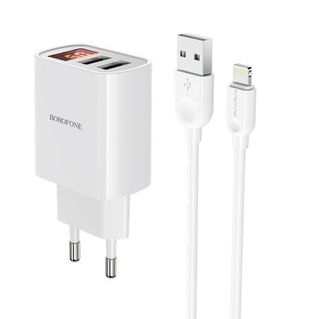 Зарядний пристрій Borofone BA58A Digital Display Lightning 2USB 2.4A White