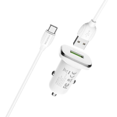 Автомобільне ЗУ Borofone BZ12A QC 3.0 18W + USB-кабель до Type-C White