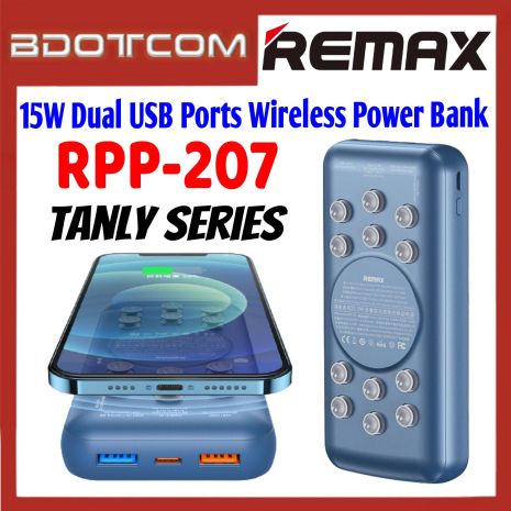 Повербанк Remax RPP-207 Tanyl Wireless Charger (20000 mAh / Out: 2USB 22.5W, Type-C 18W, Qi 15W/ In: Type-C, micro-USB 5V/2A) с LED индикатором, Синий