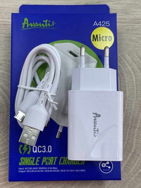 Зарядний пристрій Avantis A425 1USB QC3.0 Micro White