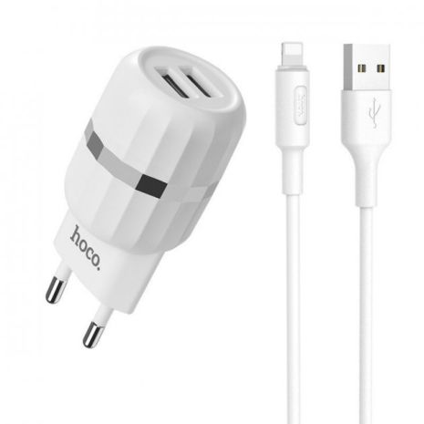 Зарядний пристрій Hoco C41A Wisdom (2USB/2.4A) + Cable iPhone Lightning White