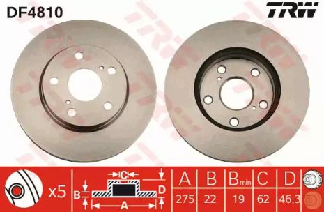 Тормозной диск (1 шт.) TOYOTA Auris/Corolla FD=275mm 07, TRW (DF4810)