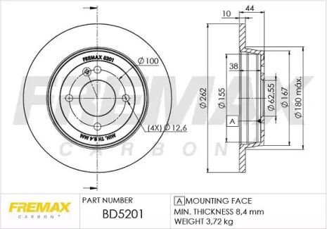 Диск гальмівний KIA STONIC, HYUNDAI SOLARIS, FREMAX (BD5201)