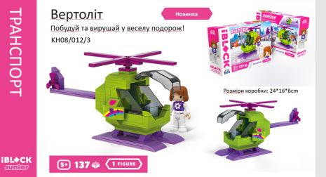 Конструктор Kids hits IBLOCK JUNIOR Дівчатка, Вертоліт 137 дет, компл. фігур, інстр., наліпки, в кор.