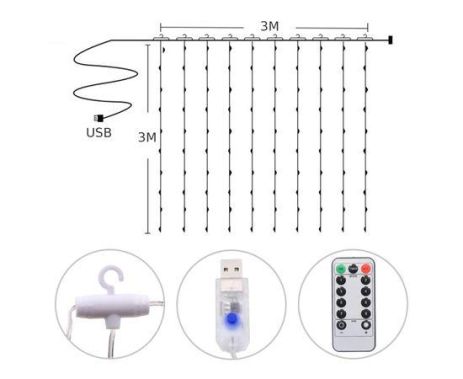 Світлодіодна гірлянда USB штора RGB, 3x3 м, 8 режимів, з пультом