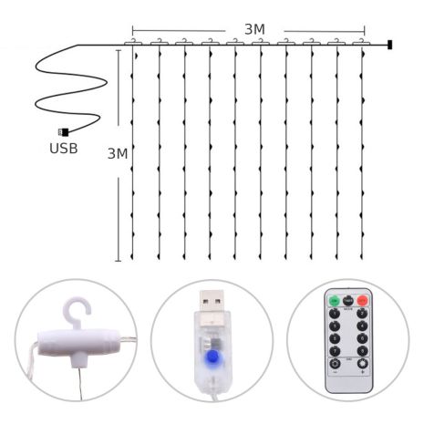 Светодиодная гирлянда USB штора, медная нить, теплый белый, 3x3 м, 8 режимов, с пультом