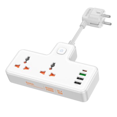 Подовжувач HOCO Reise 2-position expansion socket AC12A | 3USB/Type-C, PD/QC, 30W/10A | white