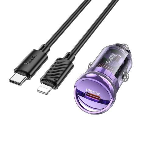 Автомобільний зарядний пристрій Hoco Z53 Type-C PD 30W transparent purple + кабель Type-C to Lightning