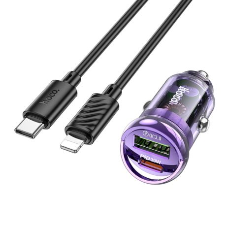 Автомобільний зарядний пристрій Hoco Z53A USB/ Type-C PD 30W QC transparent purple + кабель Type-C to Lightning