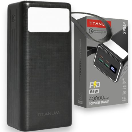 Повербанк 40000mAh TITANUM SP04P PD65W 2xUSB-C + 2xUSB-A, быстрая зарядка, фонарик, черный