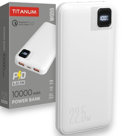 Повербанк 10000mAh TITANUM WQ55 22.5W, быстрая зарядка, 3 порта, антискользящая поверхность, белый