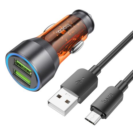 Автомобильное зарядное устройство Hoco NZ12 2 USB QC 36W transparent orange + кабель USB to MicroUSB