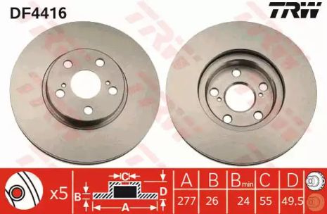 Диск тормозной (1 шт.) Toyota Avensis 03-, TRW (DF4416)