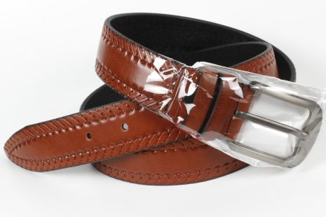 Ремень кожаный брючный коричневый King Belts 40 мм с тиснением и декоративной строчкой
