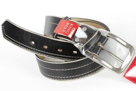 Ремень кожаный джинсовый черный King Belts 45 мм с декоративной строчкой