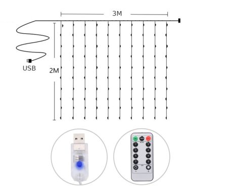 Светодиодная гирлянда USB штора RGB, 3x2 м, БЕЗ КРЮЧКОВ 8 режимов, с пультом