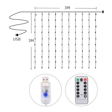 Светодиодная гирлянда USB штора, медная нить, теплый белый, 3x3 м, БЕЗ КРЮЧКОВ, 8 режимов, с пультом