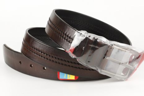 Ремень кожаный брючный коричневый King Belts 40 мм с декоративной строчкой