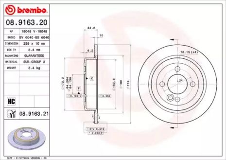 Диск тормозной MINI MINI, BREMBO (08916321)