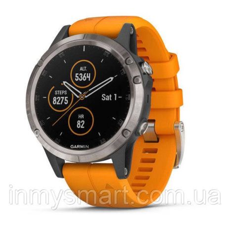 Умные часы Smart Watch Garmin Titanium Fenix 5 Plus Sapphire Black with spark Orange Band (010-01988-04)