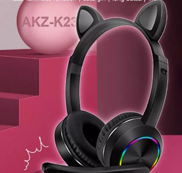 Беспроводные bluetooth наушники CAT EAR AKZ-K23 с кошачьими ушками RGB LED подсветкой и микрофоном чёрные