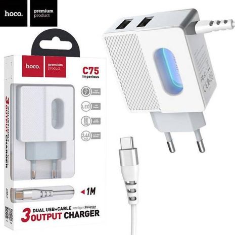 Зарядное устройство Hoco C75 Imperious (2USB/ 2.4A) + Cable Type-C White