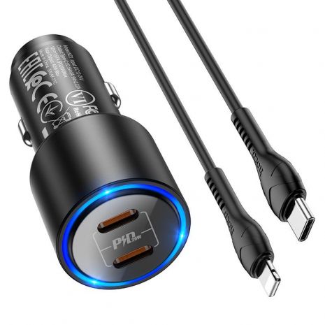 Автомобільне ЗУ Hoco NZ3 Clear way 40W dual port PD car QC Charger Set (Type-C to Lightning) Black