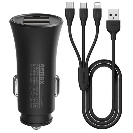 Автомобільне ЗУ Remax RCC-217 Rocket 2.4A 2USB + Combo Cable 3in1 (Lightning/microUSB/Type-C) black