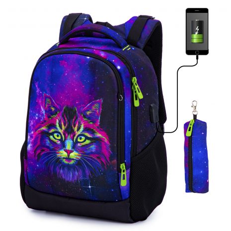Підлітковий рюкзак для дівчинки, 57-26 два відділи USB порт, SkyName / (Winner) розм.30 * 16 * 40 см, фіолетовий з синім