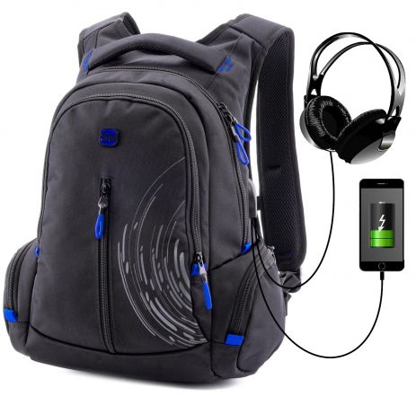 Рюкзак SkyName 90-102B молодежный для мальчика два отделения органайзер USB разъем разм.30*16*42 черно-синий