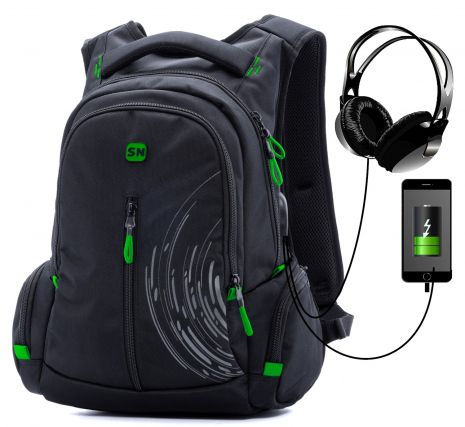 Рюкзак SkyName 90-102G молодіжний для хлопчика два відділення органайзер USB роз'єм розм.30*16*42 чорно-зелений