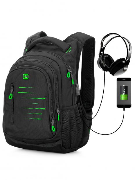 Рюкзак SkyName 90-129 молодежный для мальчика, подростковый USB разъем, разм.30*16*42 черно-зеленый