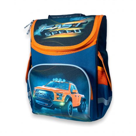 Школьный ранец для мальчика 989038 жесткий каркас, размеры: 35*25*13 см, сине-оранжевый, "машина"