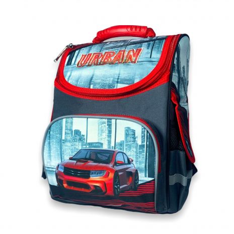 Школьный ранец для мальчика 988942 жесткий каркас, размеры: 35*25*13 см, черно-красный, "машина"