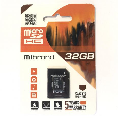 Карта Пам'яті Mibrand microSDHC (UHS-1 U3) 32Gb class 10 (adapter SD) Чорний