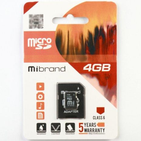 Карта Пам'яті Mibrand microSDHC 4Gb class 6 (adapter SD) Чорний