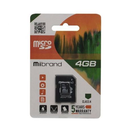 Карта Пам'яті Mibrand MicroSDHC 4gb 4 Class & Adapter Чорний
