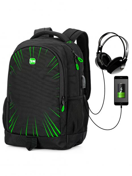 Рюкзак Winner one/SkyName 90-131 молодежный, два отделения, карманы, USB, размер: 42*30*18 см, черный с зеленым