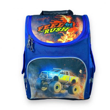 Школьный рюкзак для мальчика, одно отделение, боковые карманы, размер: 33*28*15 см, синий с машиной
