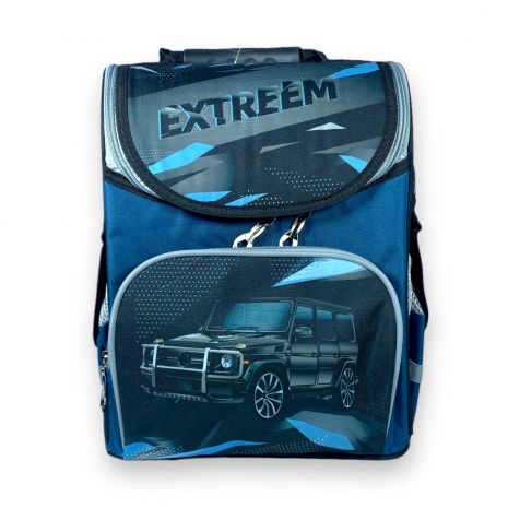 Школьный рюкзак для мальчика, одно отделение, боковые карманы, размер: 33*28*15 см, темно-синий с машиной.