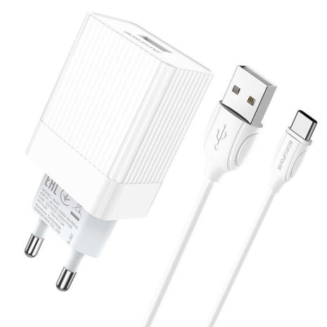 Зарядний пристрій Borofone BA47A QC3.0 1USB/3A + Кабель Type-C White