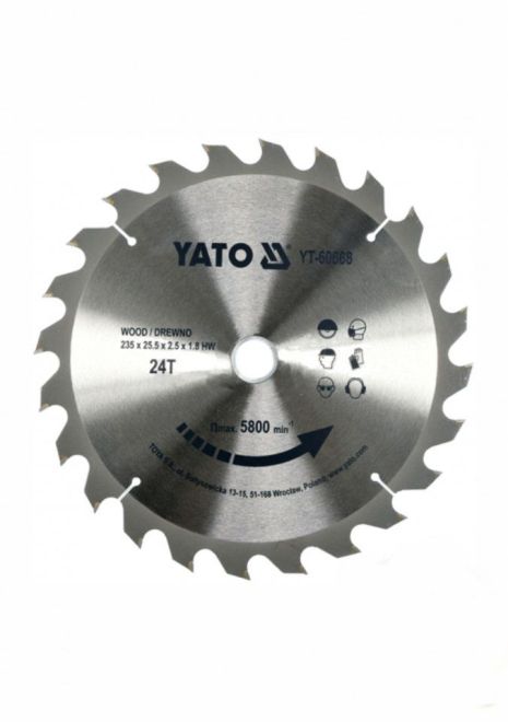 Диск пильный по дереву Ø=235х25.5x2.5 мм 24 зубца для циркулярной пилы YT-82153 Yato YT-60668