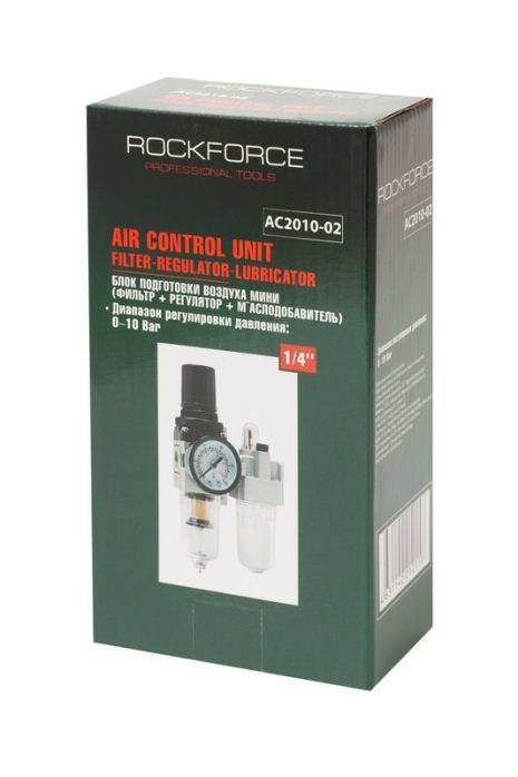 Блок підготовки повітря міні для пневмосистеми (фільтр-регулятор + лубрикатор) 1/4 діапазон регулювання тиску 0-10 bar ROCKFORCE RF-AC2010-02