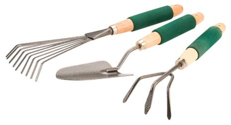 Набор садово-огородного инструмента 3 шт., совок, рыхлитель, грабельки веерные, инструмент с деревянными рукоятками, покрытыми губкой, стальные лезвия, сумка Topex 15A410