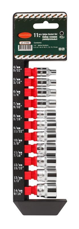 Набор головок универсальный профиль 11 предметов,1/4"(4-14мм-5/32",3/16",1/4",9/32",5/16",11/32",3/8",7/16",15/32",1/2",9/16"), на пластиковом держателе ROCKFORCE RF-2144Q