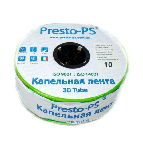 Капельная лента эмиттерная 3D Tube капельницы через 10 см расход 2.7 л/ч, длина 500 м Presto-PS 3D-10-500