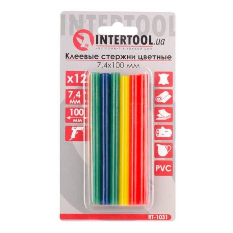 Комплект кольорових клейових стрижнів 7.4 мм*100 мм, 12 шт INTERTOOL RT-1031