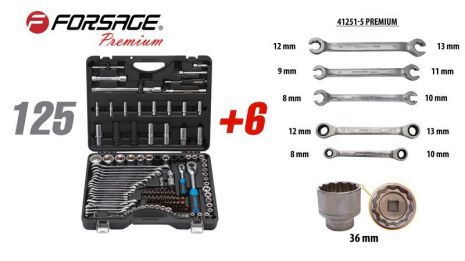 Набір інструментів 125+6 предметів 1/4" 1/2" (6-гран.) (4-36мм, 36-12гр.) + (ключі тріскачкові: 8х10, 12х13мм; ключі різьблені: 8х10, 9х11, 12х13мм) FORSAGE F -41251-5 PREMIUM