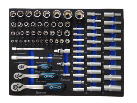 Набір інструментів 80 предметів (1/4": 4-14мм L-25/50мм; 3/8": 6-19мм L-28/64мм; 1/2": 8-32мм L-38мм, 10-24мм L- 75мм, 6гр.+кардани, подовжувачі, тріскачки) в ложементі FORSAGE F-K4802-5
