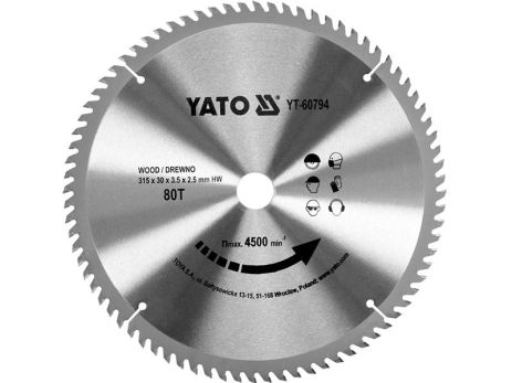 Диск пильний по дереву 315х30х3.5х2.5 мм, 80 зубців, R. P. M до 4500 1/хв Yato YT-60794